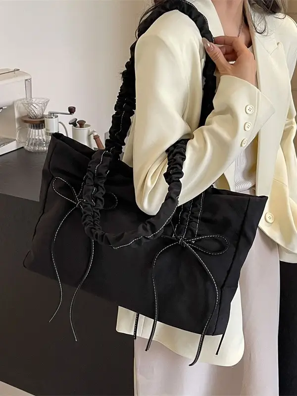 Black Pleated Canvas Shoulder Bag for Women - Image 10