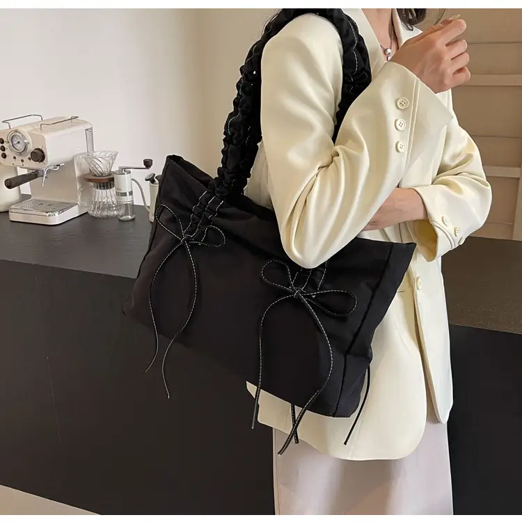 Black Pleated Canvas Shoulder Bag for Women — feature 13