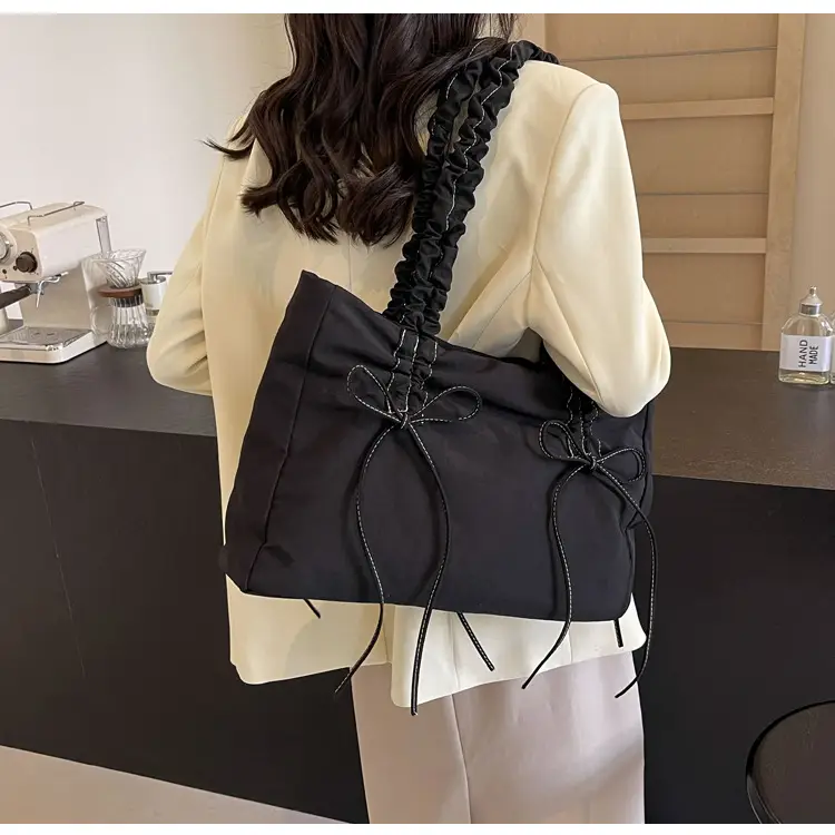 Black Pleated Canvas Shoulder Bag for Women — feature 14