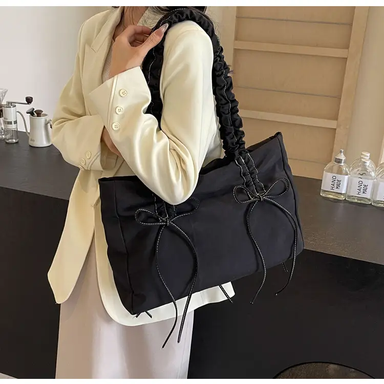 Black Pleated Canvas Shoulder Bag for Women — feature 15
