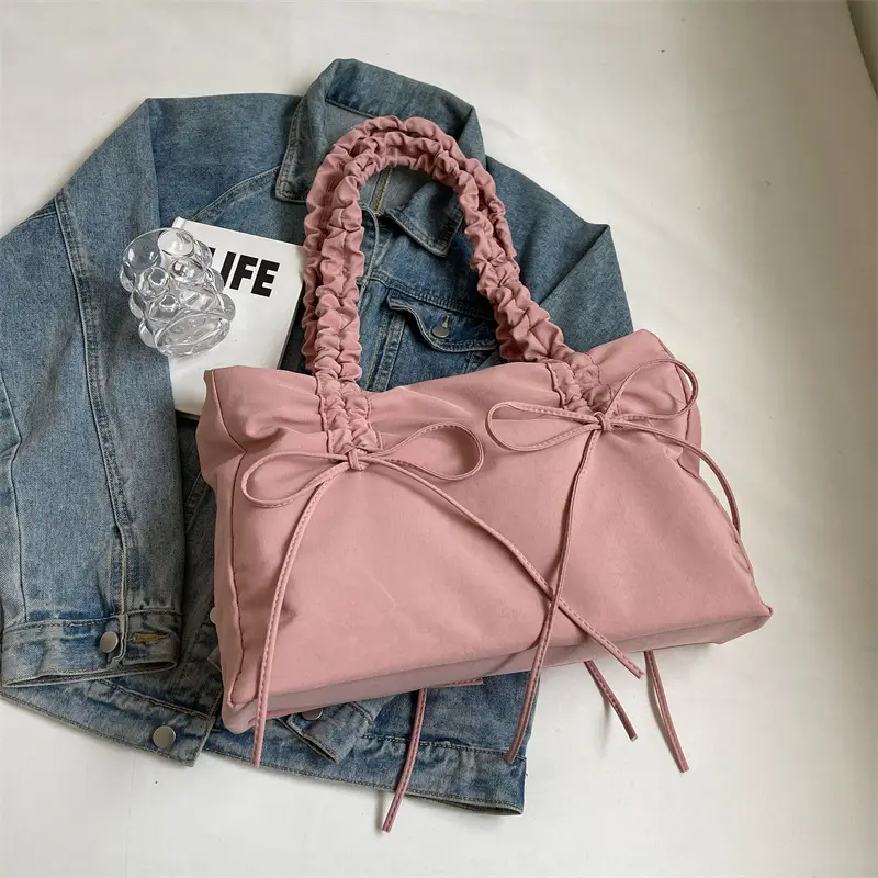 Black Pleated Canvas Shoulder Bag for Women - Image 4