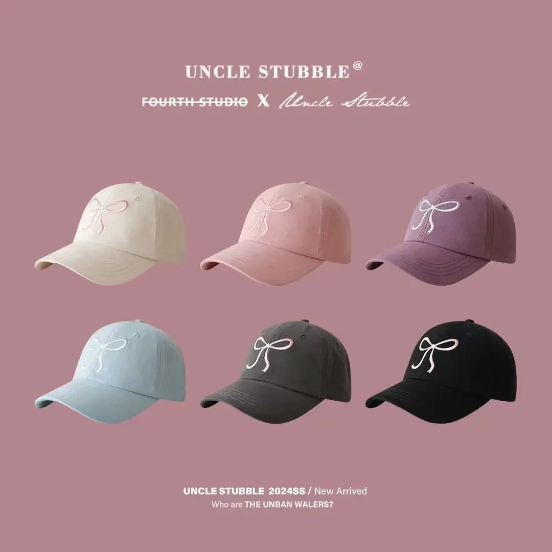 Bow Embroidered Cap Set Grey Black Pink White - Image 7