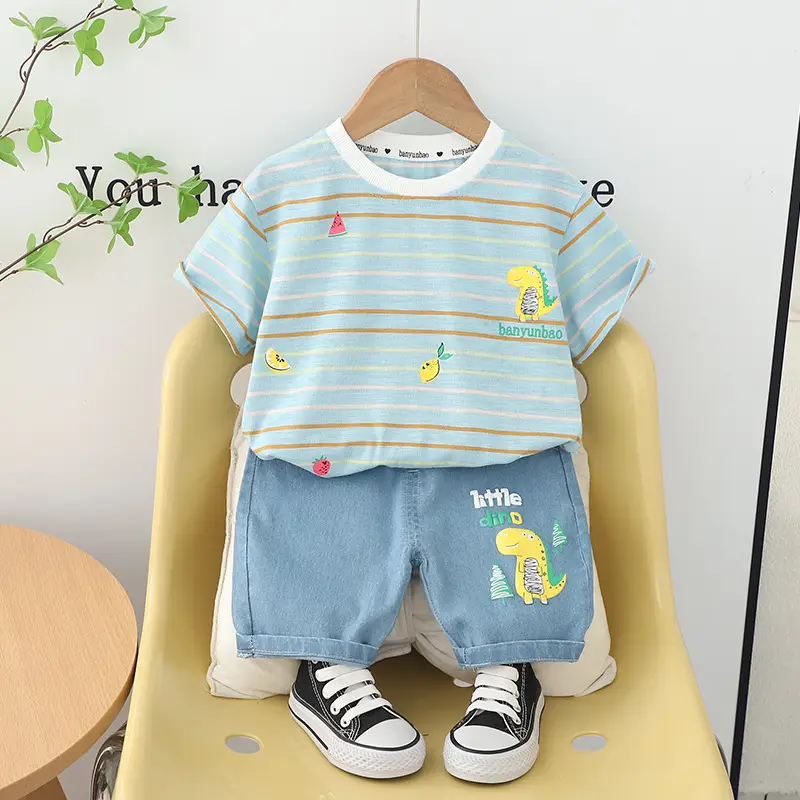 Boy Striped T-Shirt Shorts Set Blue Shorts Casual Summer - Image 2