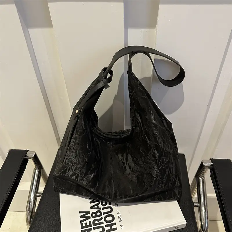Black Textured Shoulder Bag Women 2024 Spring Summer - Image 8