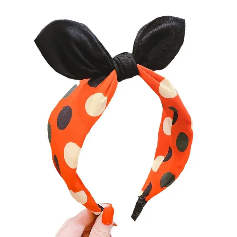 Girls Korean Tie Bow Polka Dot Headband Black - Image 25
