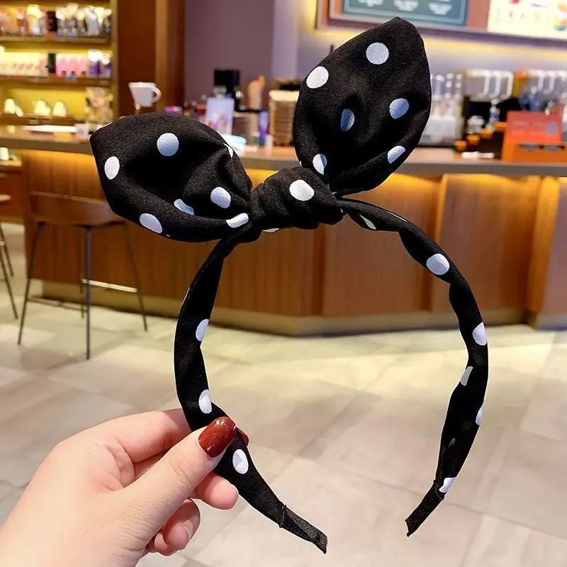 Girls Korean Tie Bow Polka Dot Headband Black - Image 14