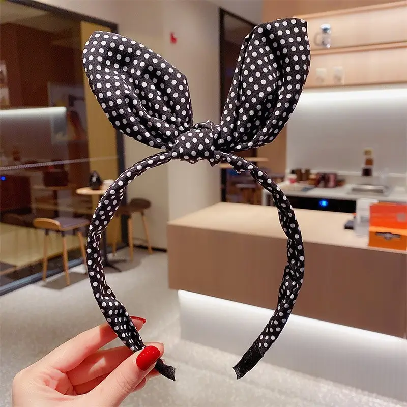 Girls Korean Tie Bow Polka Dot Headband Black - Image 3