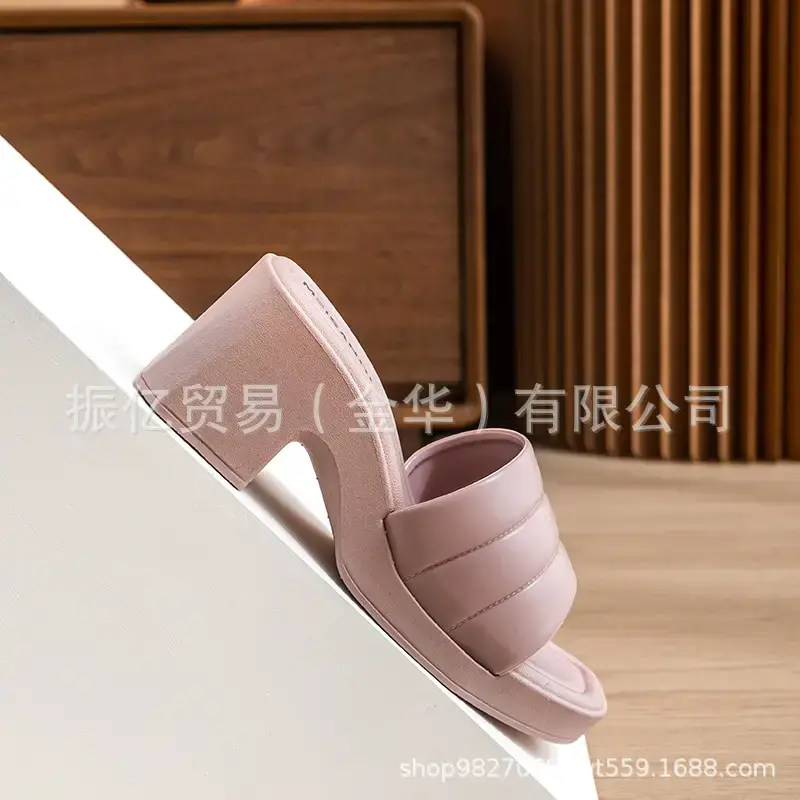New summer one word with open toe high heel sandals women's fashion high waterproof platform thick heel PVC foreign trade sandals wholesale - Image 7