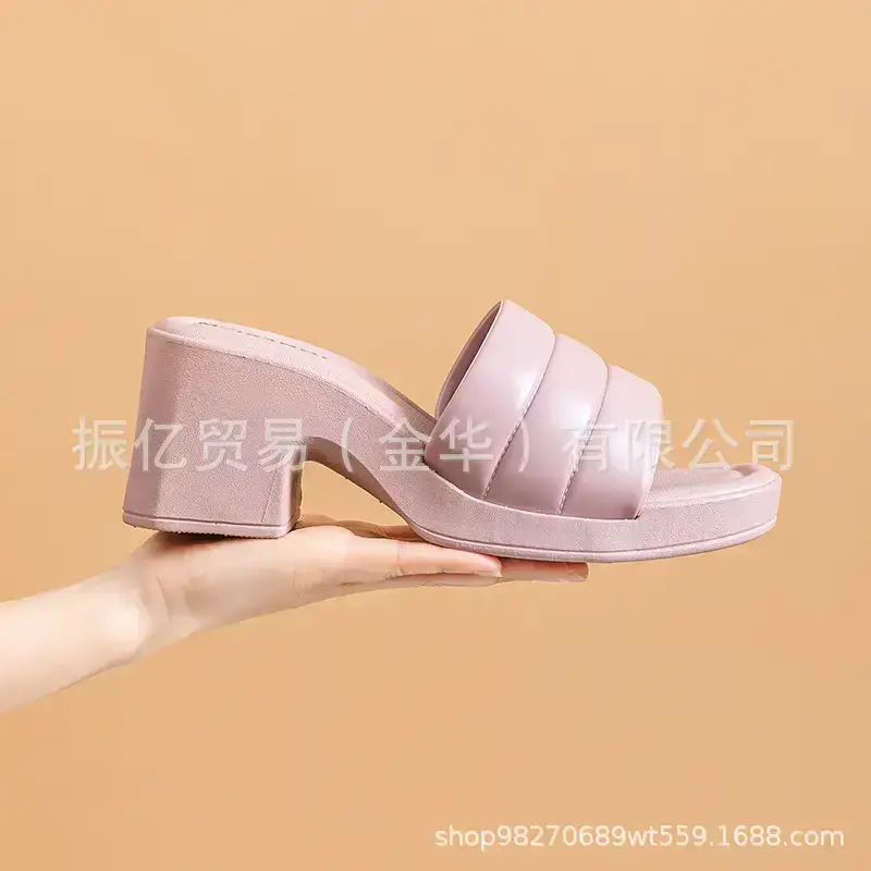 New summer one word with open toe high heel sandals women's fashion high waterproof platform thick heel PVC foreign trade sandals wholesale - Image 9
