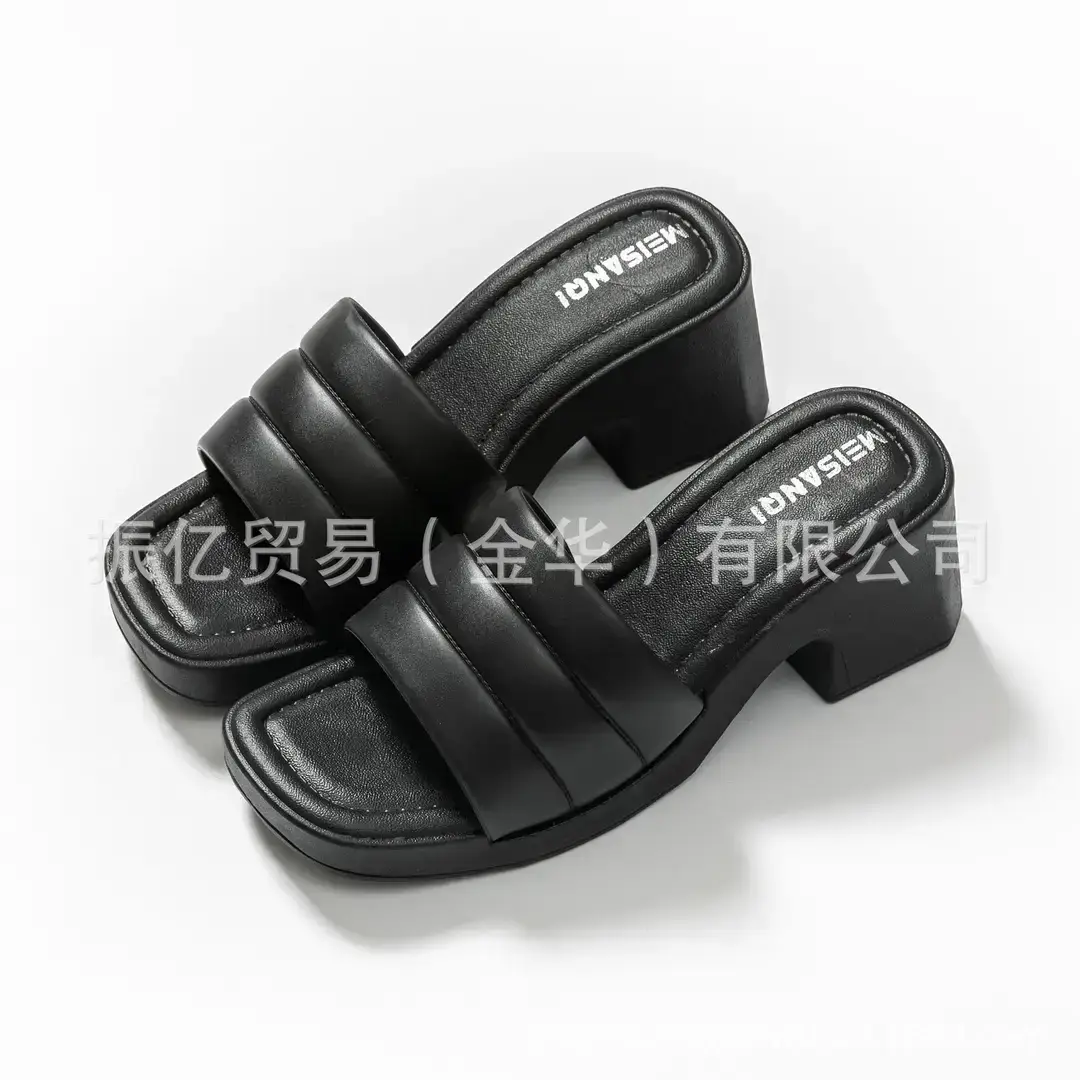 New summer one word with open toe high heel sandals women's fashion high waterproof platform thick heel PVC foreign trade sandals wholesale - Image 2