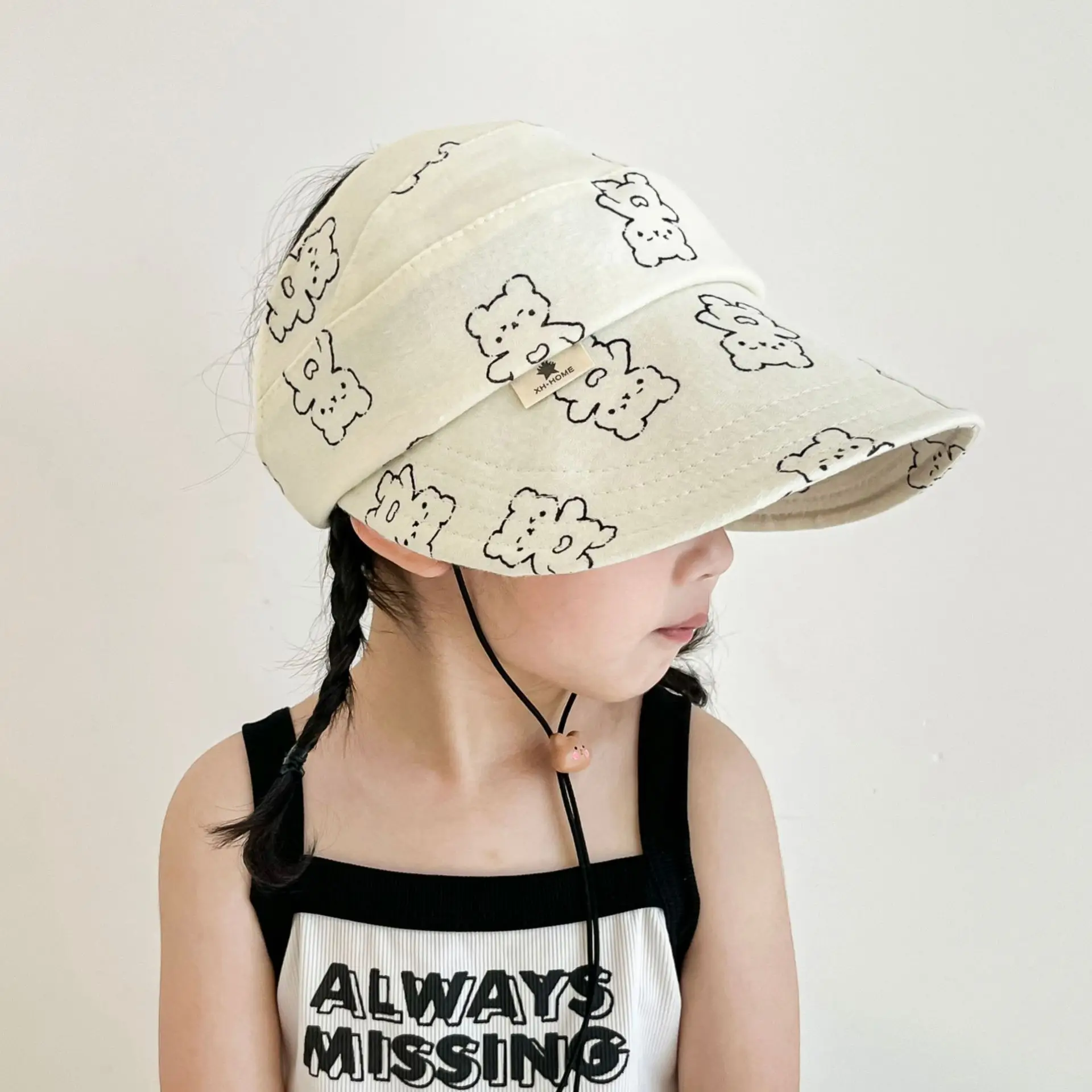 Girls Sun Hat with Flower Embroidery Beige Big Brim - Image 4