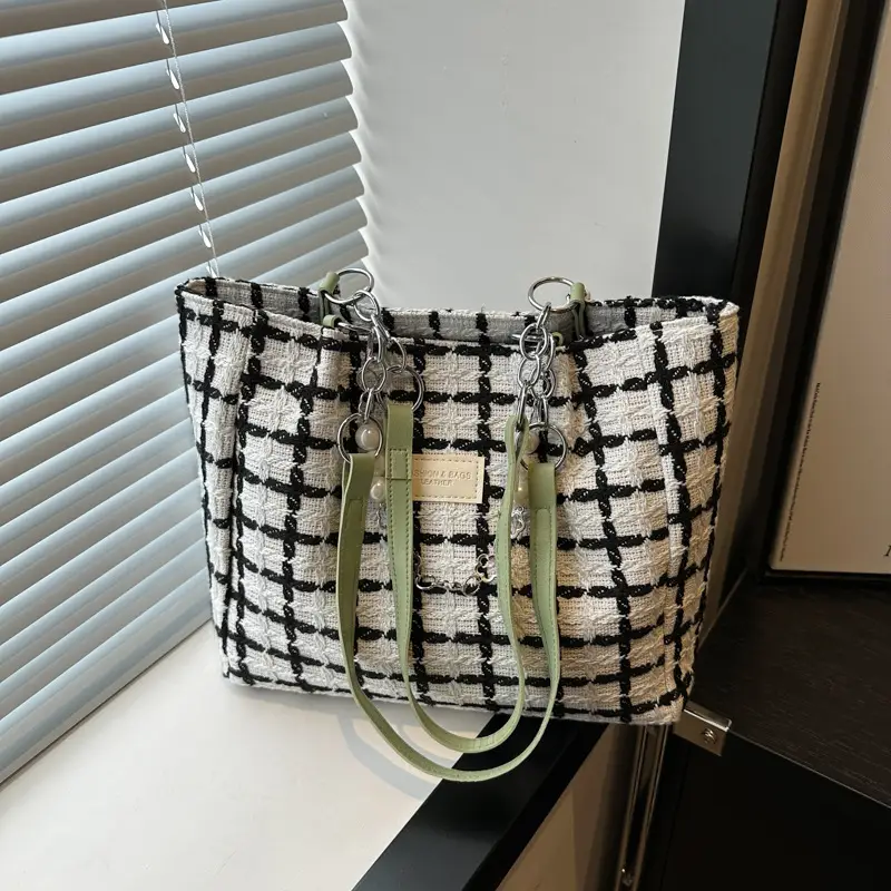 2024 New Simple Plaid Handbag Chain Decorative Large Capacity European American Women Shoulder Tote Bag - Image 8
