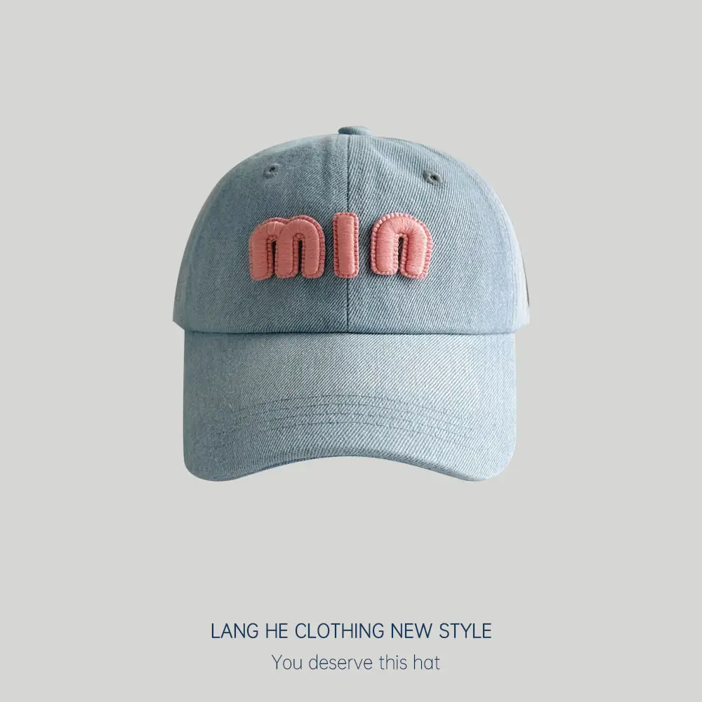 Men Denim Baseball Cap with "MIN" Embroidery Blue - Image 3
