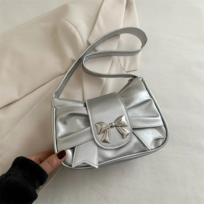 Silver Pleated Bow Handbag for Women - Image 9
