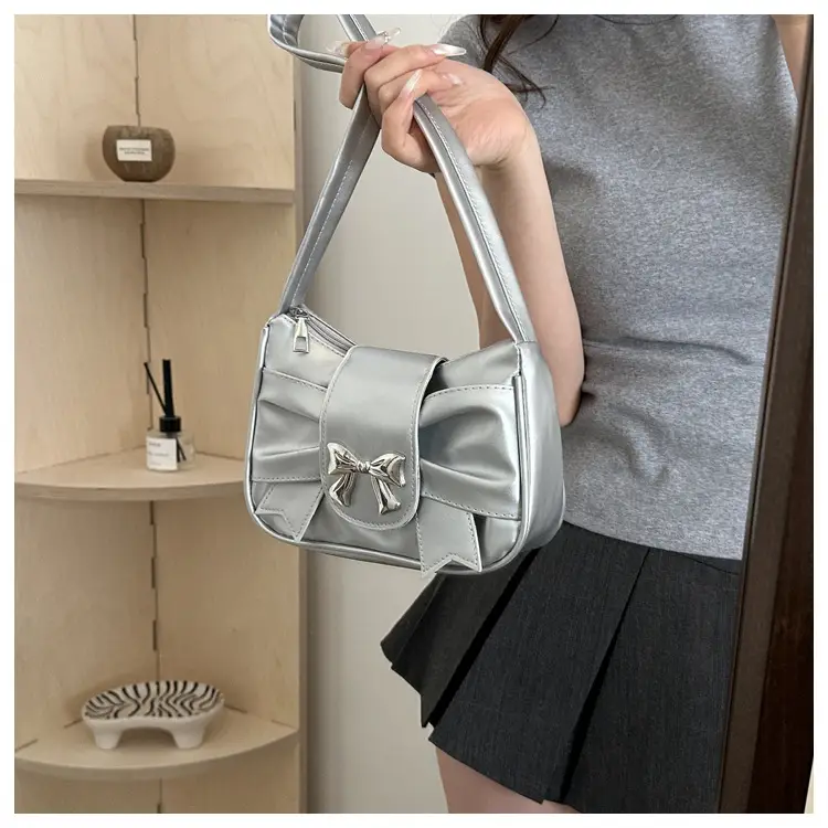 Silver Pleated Bow Handbag for Women — feature 18