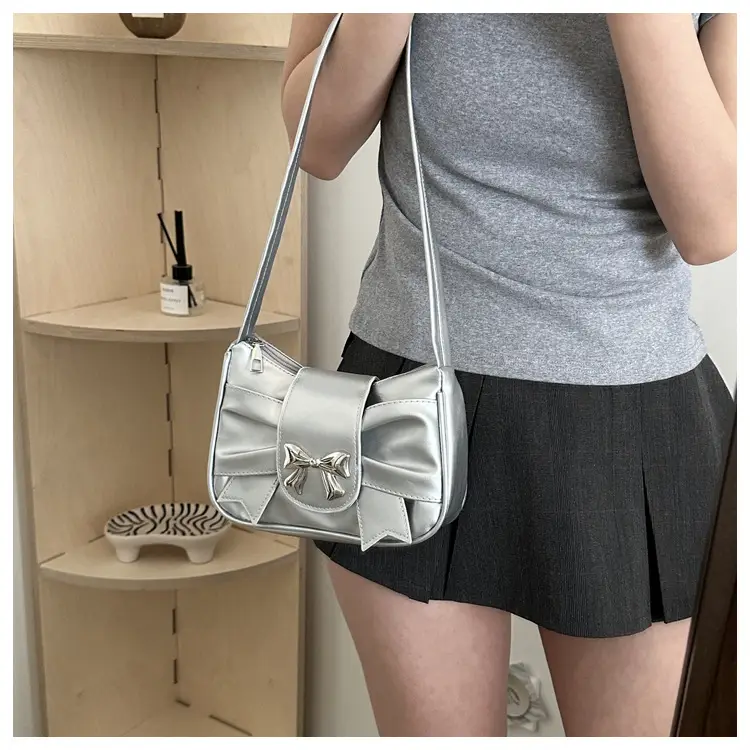 Silver Pleated Bow Handbag for Women — feature 19