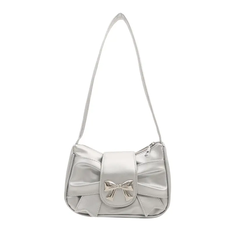 Silver Pleated Bow Handbag for Women - Image 5