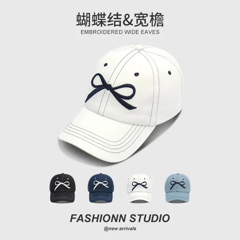 Embroidered Wide Eaves Baseball Cap Women White Bow Design - Image 7
