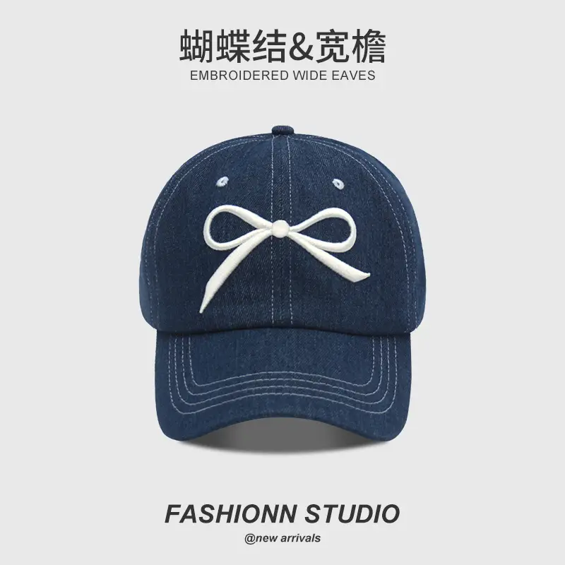 Embroidered Wide Eaves Baseball Cap Women White Bow Design - Image 8