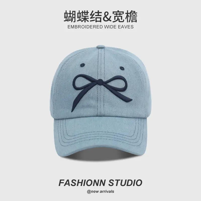 Embroidered Wide Eaves Baseball Cap Women White Bow Design - Image 9