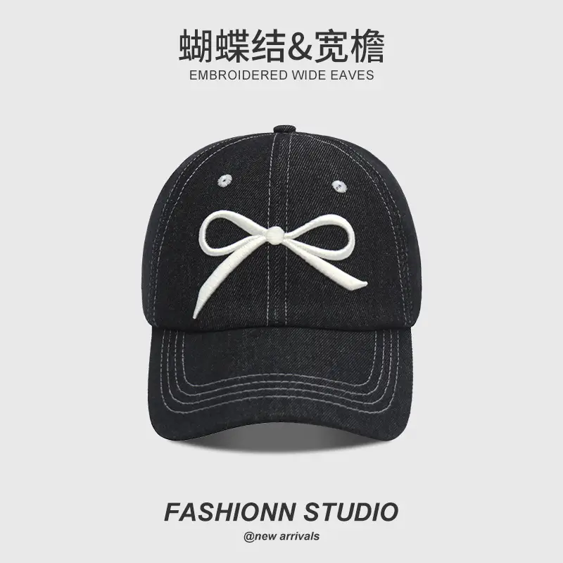 Embroidered Wide Eaves Baseball Cap Women White Bow Design - Image 10