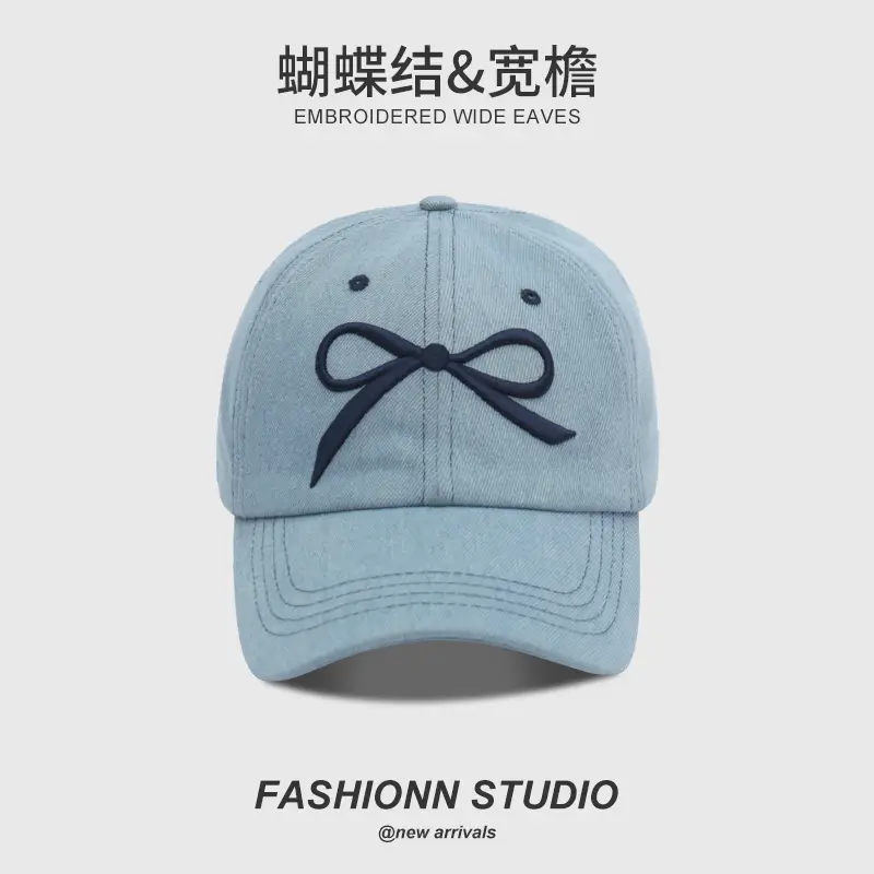 Embroidered Wide Eaves Baseball Cap Women White Bow Design - Image 3