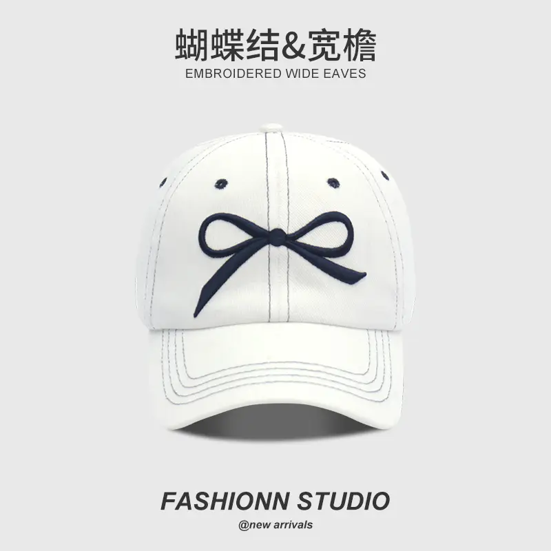 Embroidered Wide Eaves Baseball Cap Women White Bow Design - Image 4