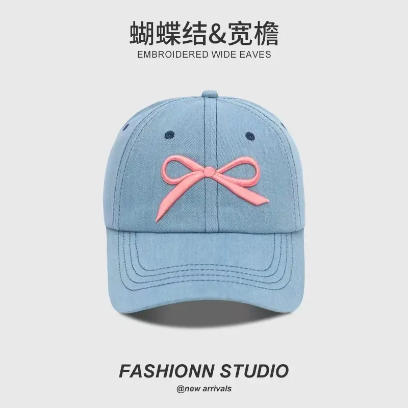 Embroidered Wide Eaves Baseball Cap Women White Bow Design - Image 5