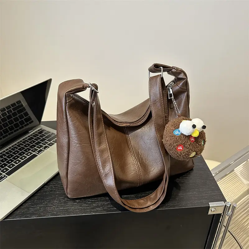 Textured Soft Leather Shoulder Bag Women Brown 2024 Spring Summer - Image 9