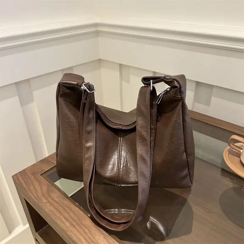 Textured Soft Leather Shoulder Bag Women Brown 2024 Spring Summer - Image 3