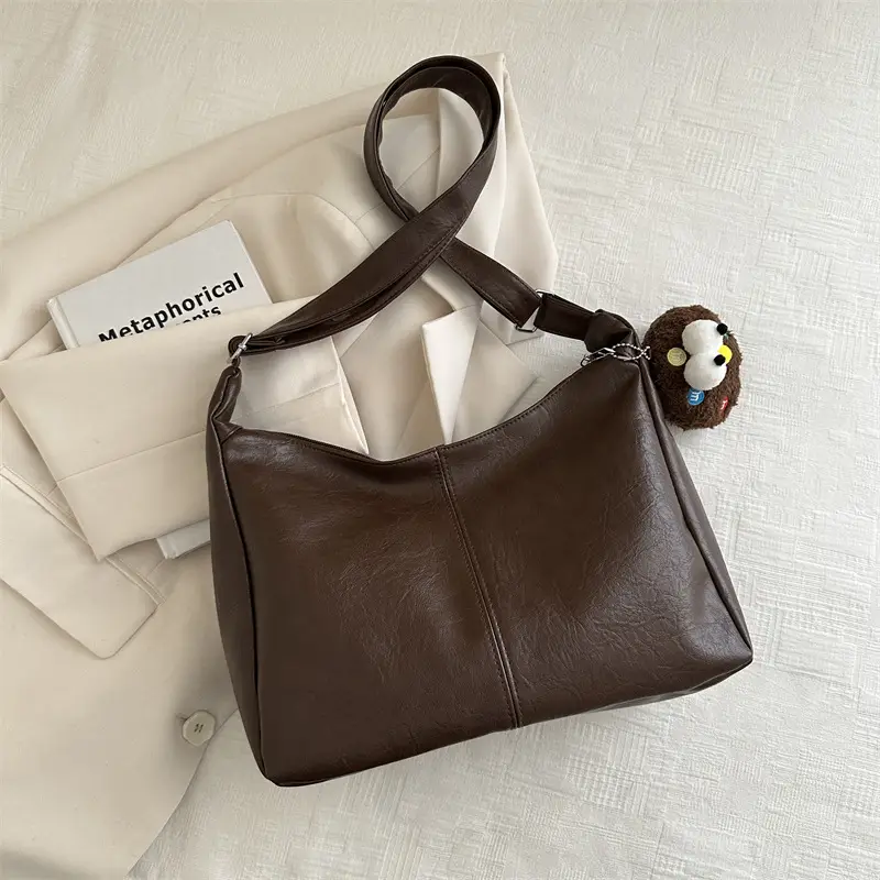Textured Soft Leather Shoulder Bag Women Brown 2024 Spring Summer - Image 6