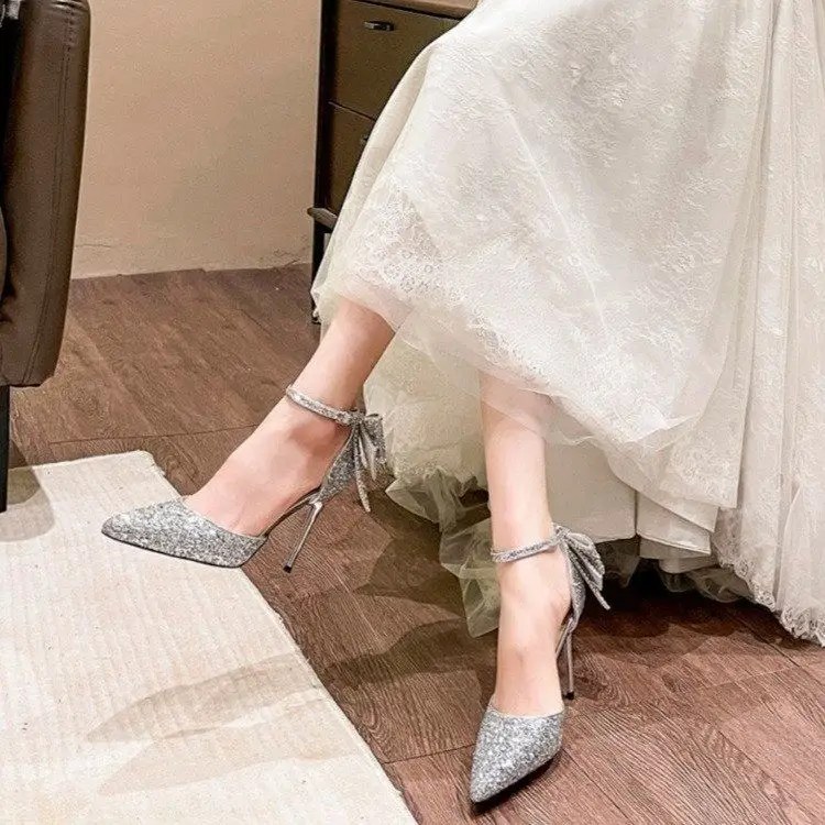 Silver High Heels for Women 2025 Summer New Style Beautiful Sequined Pointed Toe Fairy Bow Heel Bridal Wedding Shoes