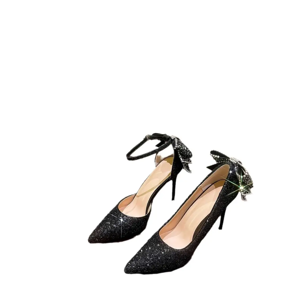 Silver High Heels for Women 2025 Summer New Style Beautiful Sequined Pointed Toe Fairy Bow Heel Bridal Wedding Shoes