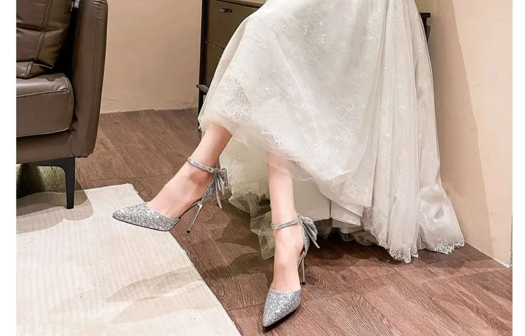 Silver High Heels for Women 2025 Summer New Style Beautiful Sequined Pointed Toe Fairy Bow Heel Bridal Wedding Shoes — feature 1