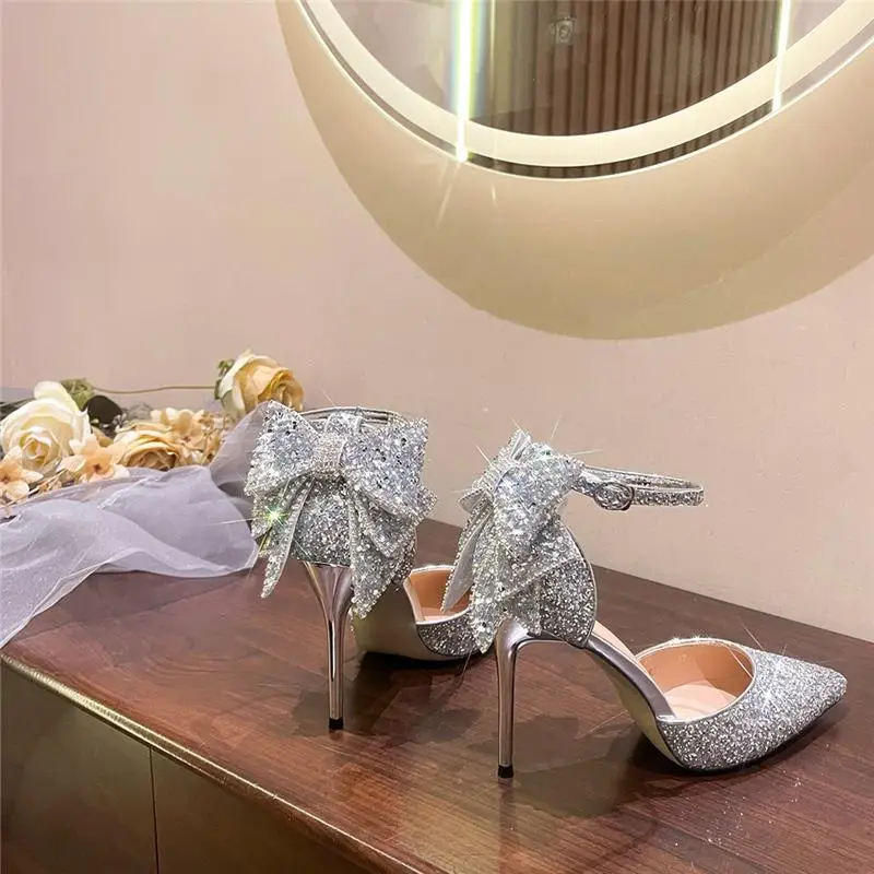 Silver High Heels for Women 2025 Summer New Style Beautiful Sequined Pointed Toe Fairy Bow Heel Bridal Wedding Shoes — feature 14