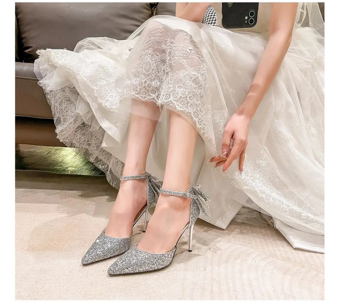 Silver High Heels for Women 2025 Summer New Style Beautiful Sequined Pointed Toe Fairy Bow Heel Bridal Wedding Shoes — feature 2