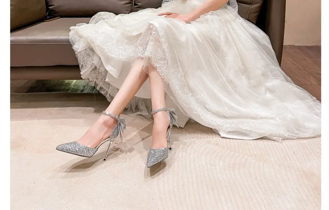 Silver High Heels for Women 2025 Summer New Style Beautiful Sequined Pointed Toe Fairy Bow Heel Bridal Wedding Shoes — feature 3