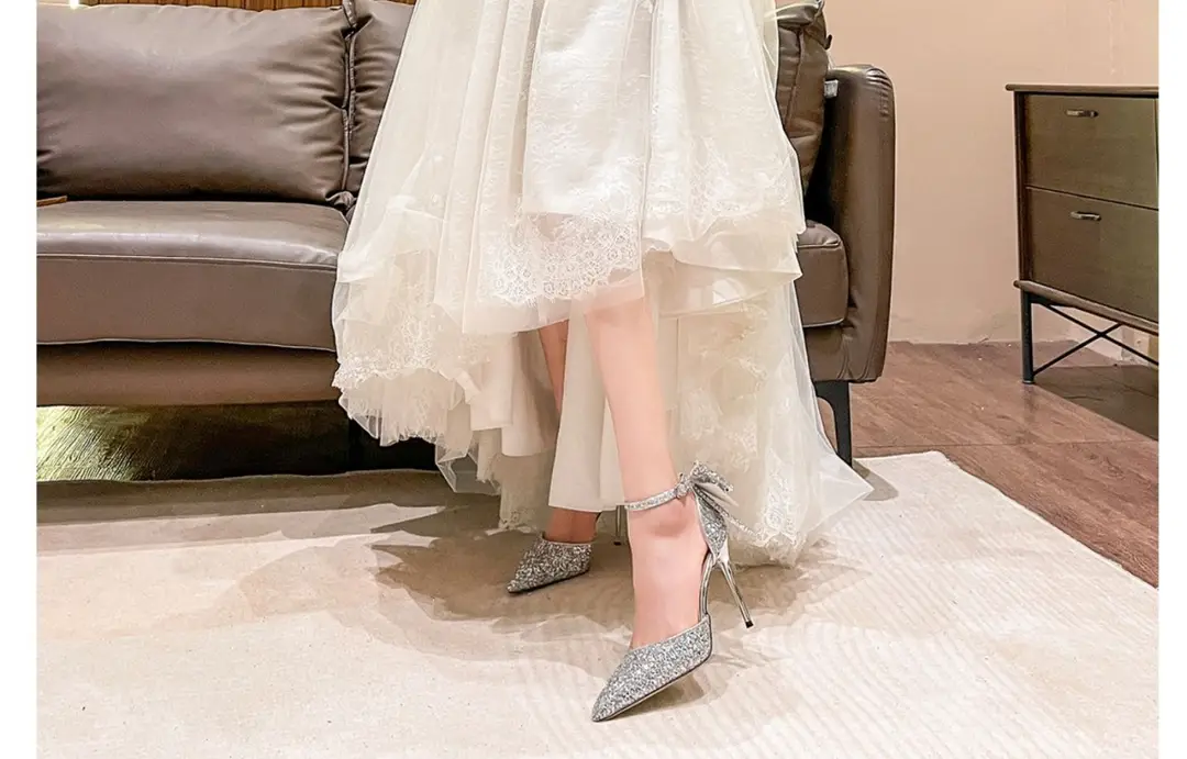Silver High Heels for Women 2025 Summer New Style Beautiful Sequined Pointed Toe Fairy Bow Heel Bridal Wedding Shoes — feature 4