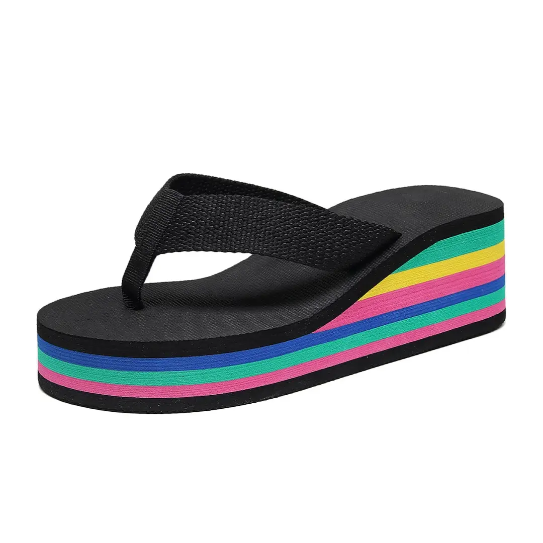 Slippers Women Flip-Flops Women's Summer Rainbow Thick-soled Sandals High-heeled Internet-famous Colorful Outwear Women's Shoes Casual Beach - Image 6