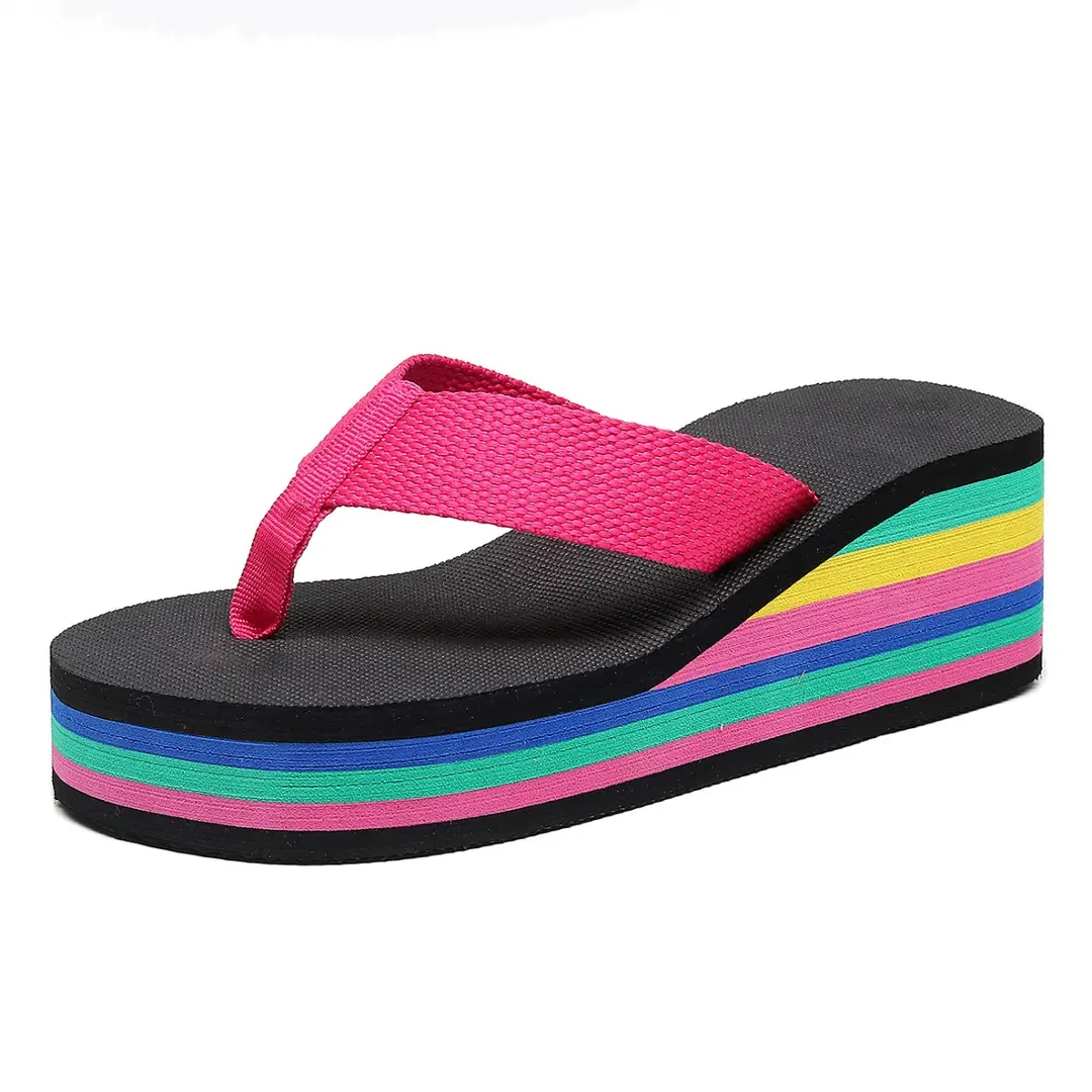 Slippers Women Flip-Flops Women's Summer Rainbow Thick-soled Sandals High-heeled Internet-famous Colorful Outwear Women's Shoes Casual Beach - Image 9