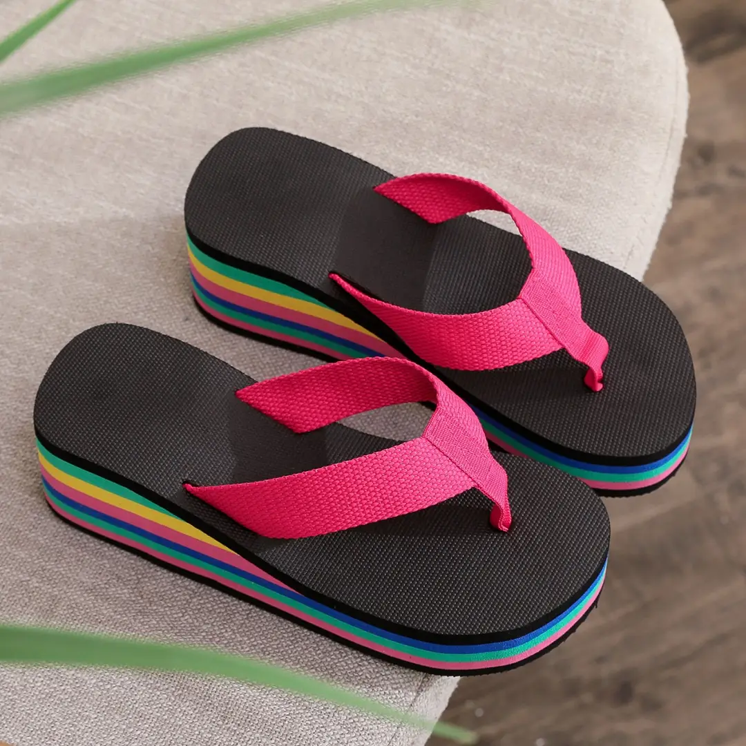Slippers Women Flip-Flops Women's Summer Rainbow Thick-soled Sandals High-heeled Internet-famous Colorful Outwear Women's Shoes Casual Beach - Image 2