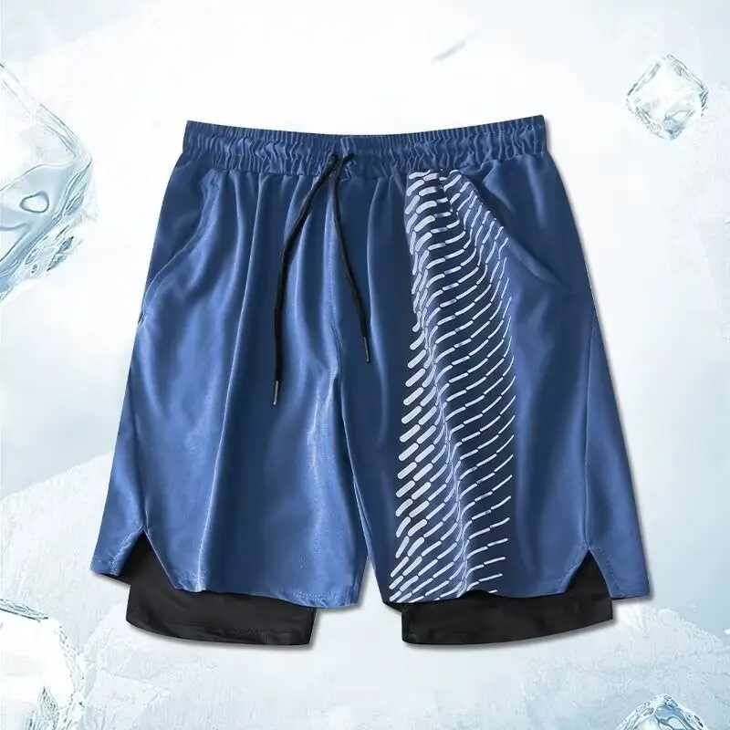 Korean Men's Fake Two-Piece Ice Silk Shorts Black White - Image 3