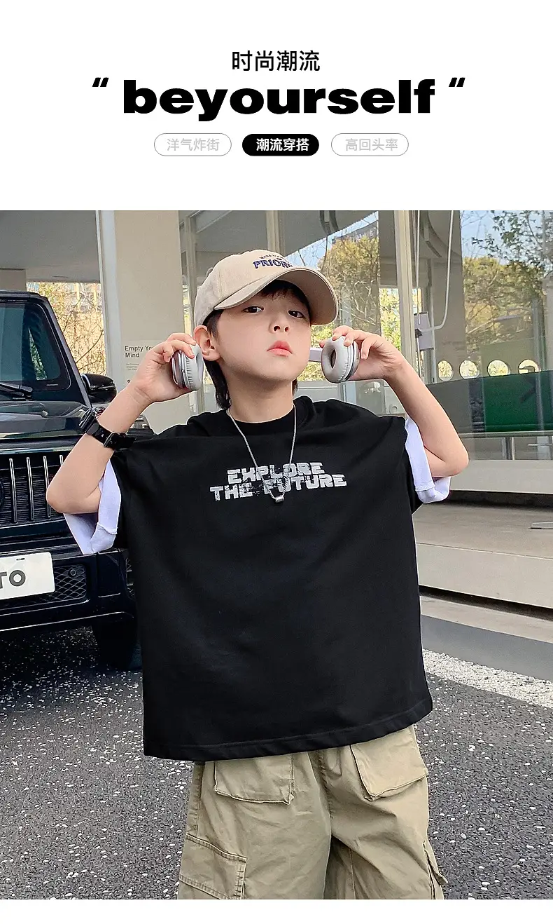 Boys Black Korean Short Sleeve T-Shirt 2024 — feature 1