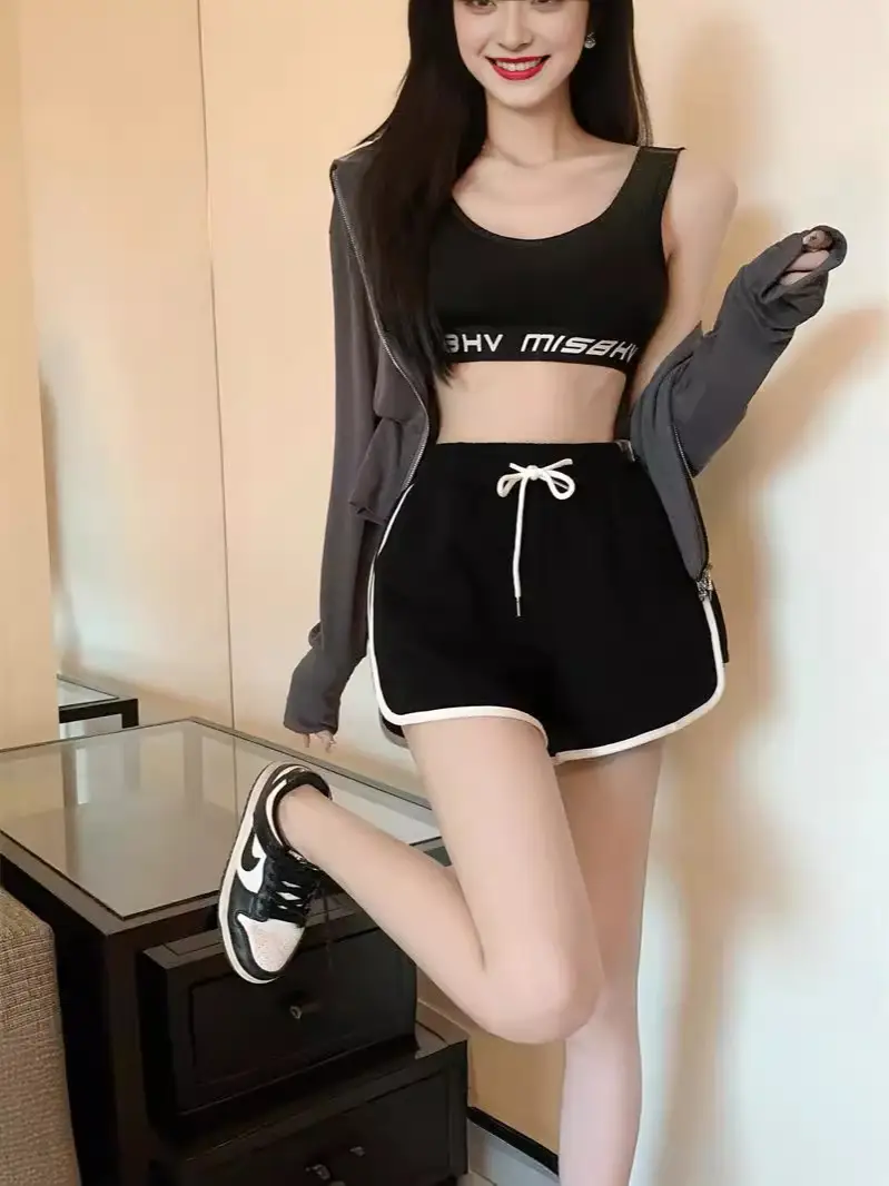 Women's Black Anti-Light Yoga Shorts with Drawstring Waist - Image 15