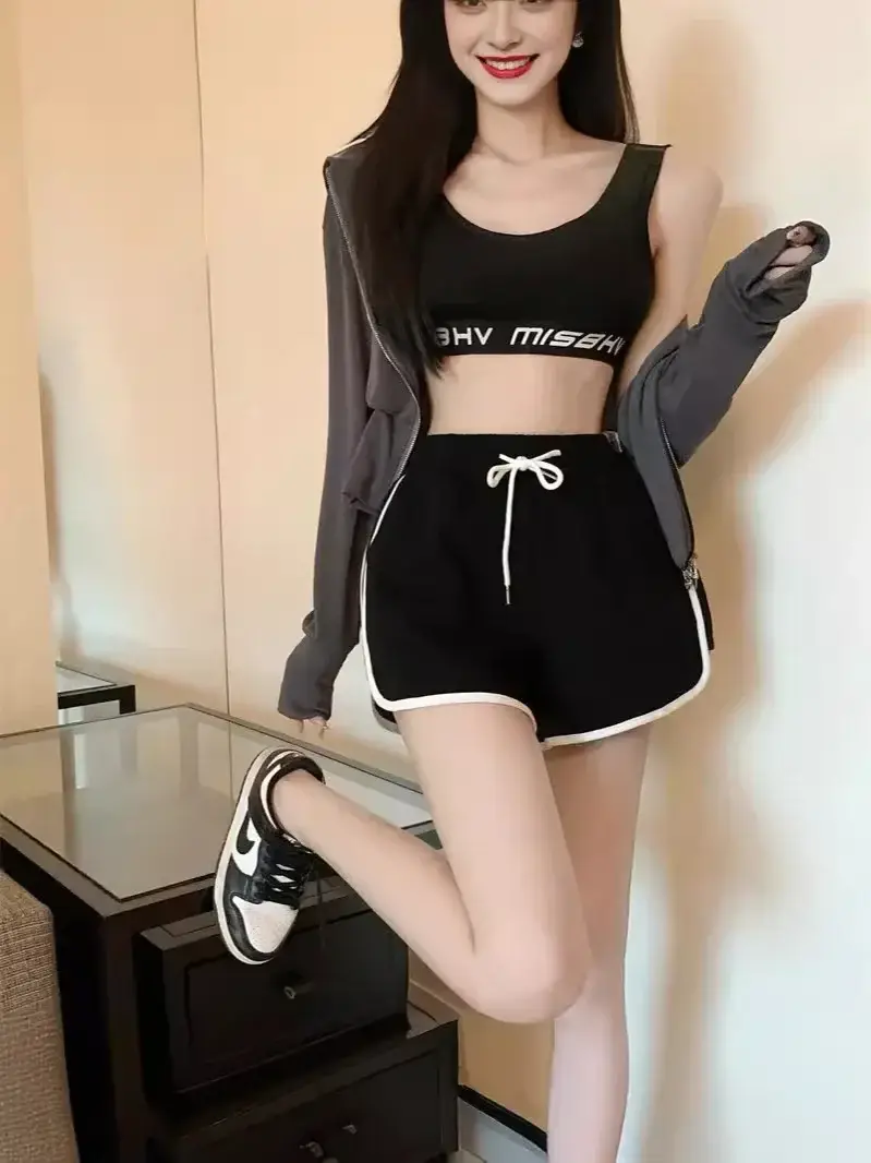 Women's Black Anti-Light Yoga Shorts with Drawstring Waist - Image 2