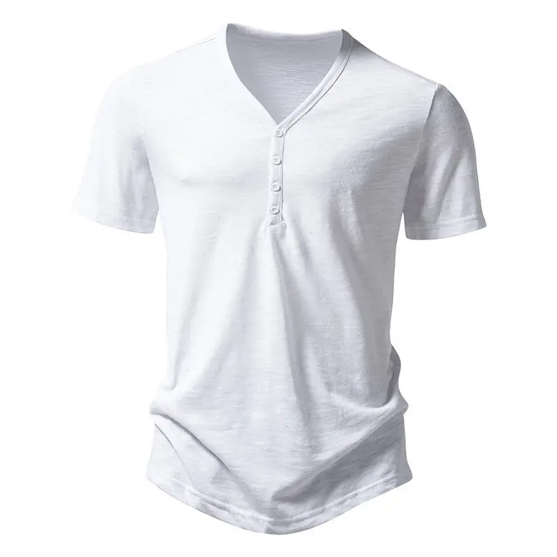 Men's V-neck T-shirt Olive Green 4-Button Slub Cotton - Image 7