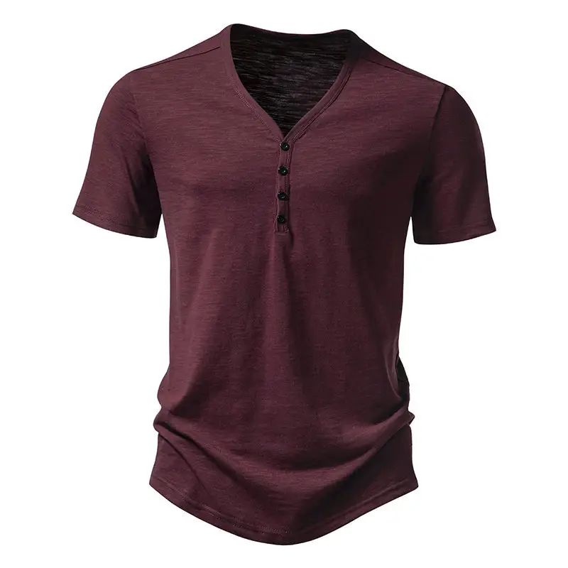 Men's V-neck T-shirt Olive Green 4-Button Slub Cotton - Image 9