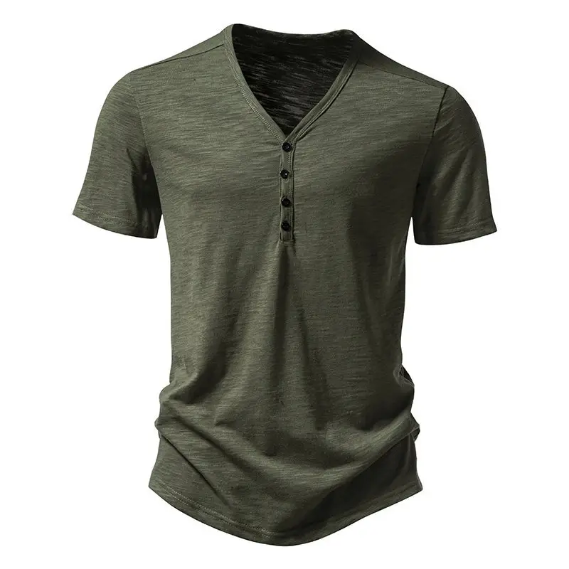 Men's V-neck T-shirt Olive Green 4-Button Slub Cotton - Image 10