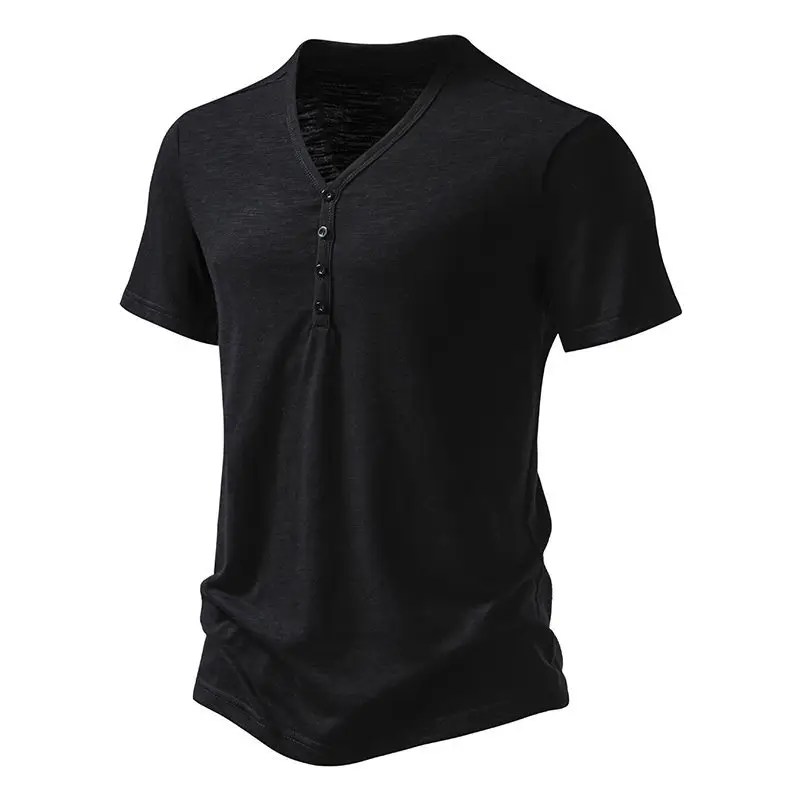 Men's V-neck T-shirt Olive Green 4-Button Slub Cotton — feature 10