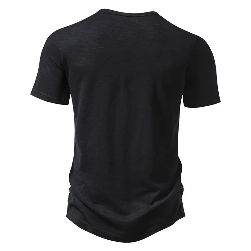 Men's V-neck T-shirt Olive Green 4-Button Slub Cotton — feature 11